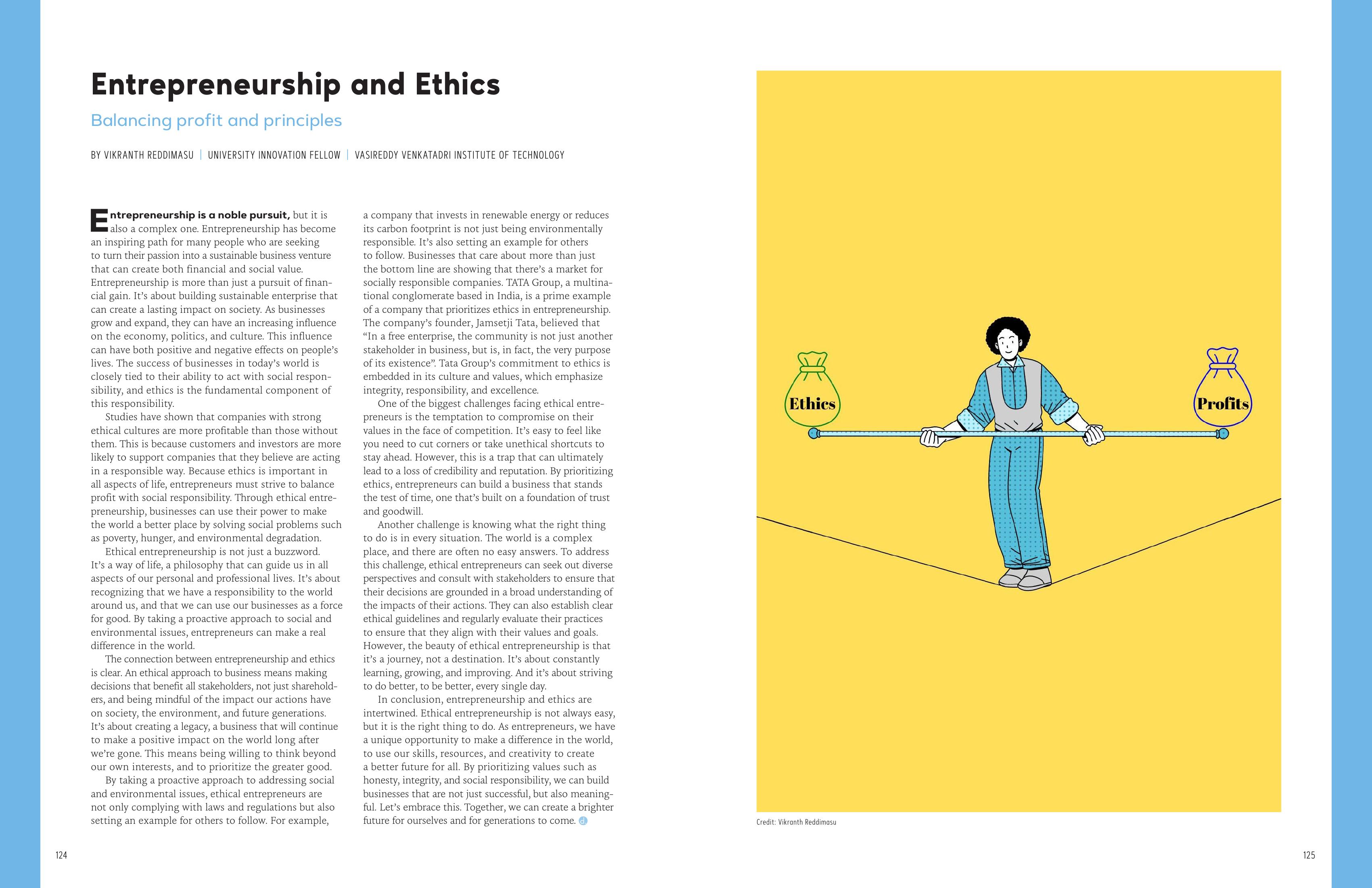 Entrepreneurship and Ethics — article spread in the Change Forward Journal with illustrations