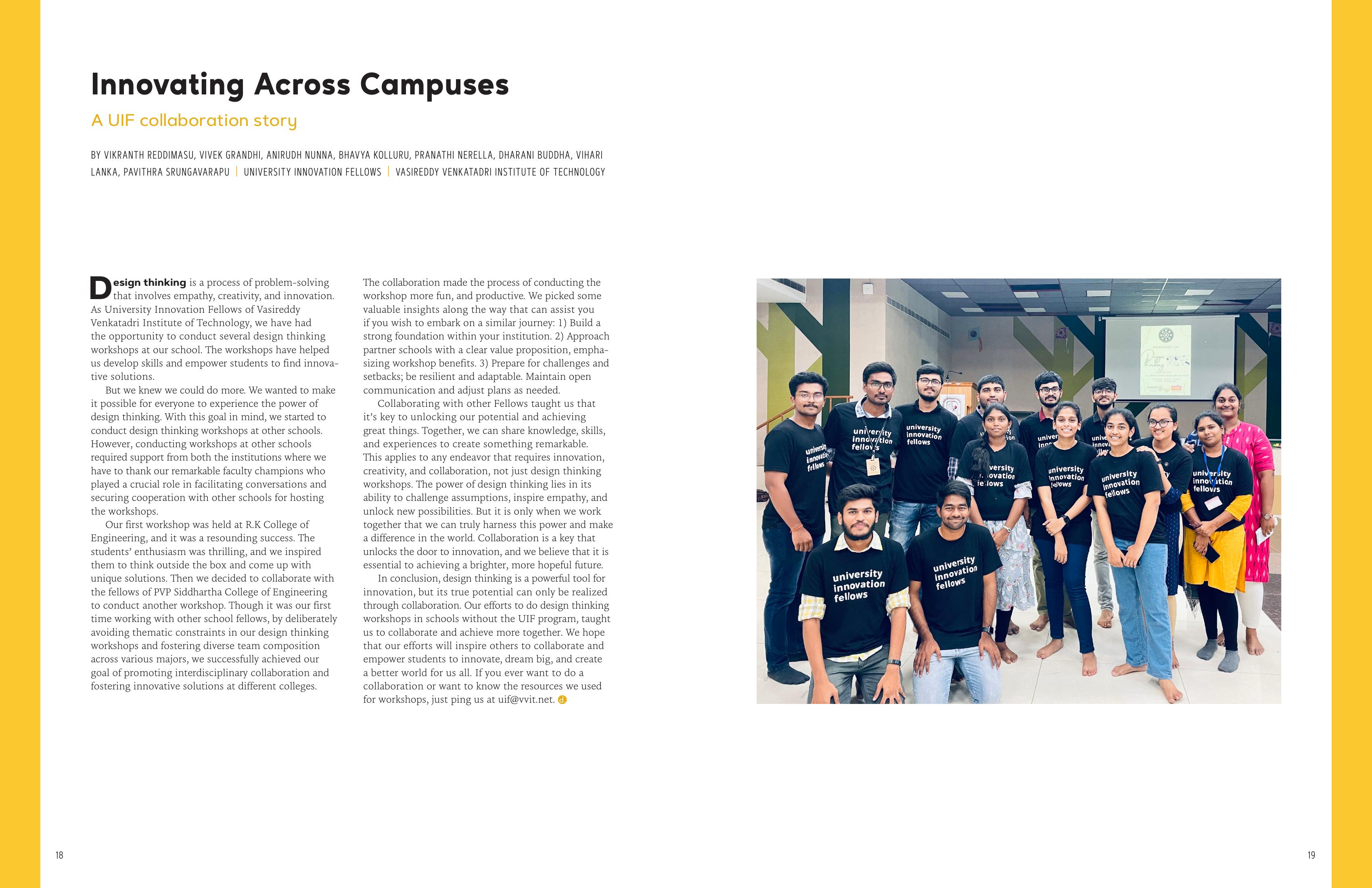 Innovating Across Campuses — article spread in the Change Forward Journal showing the team photo and article text