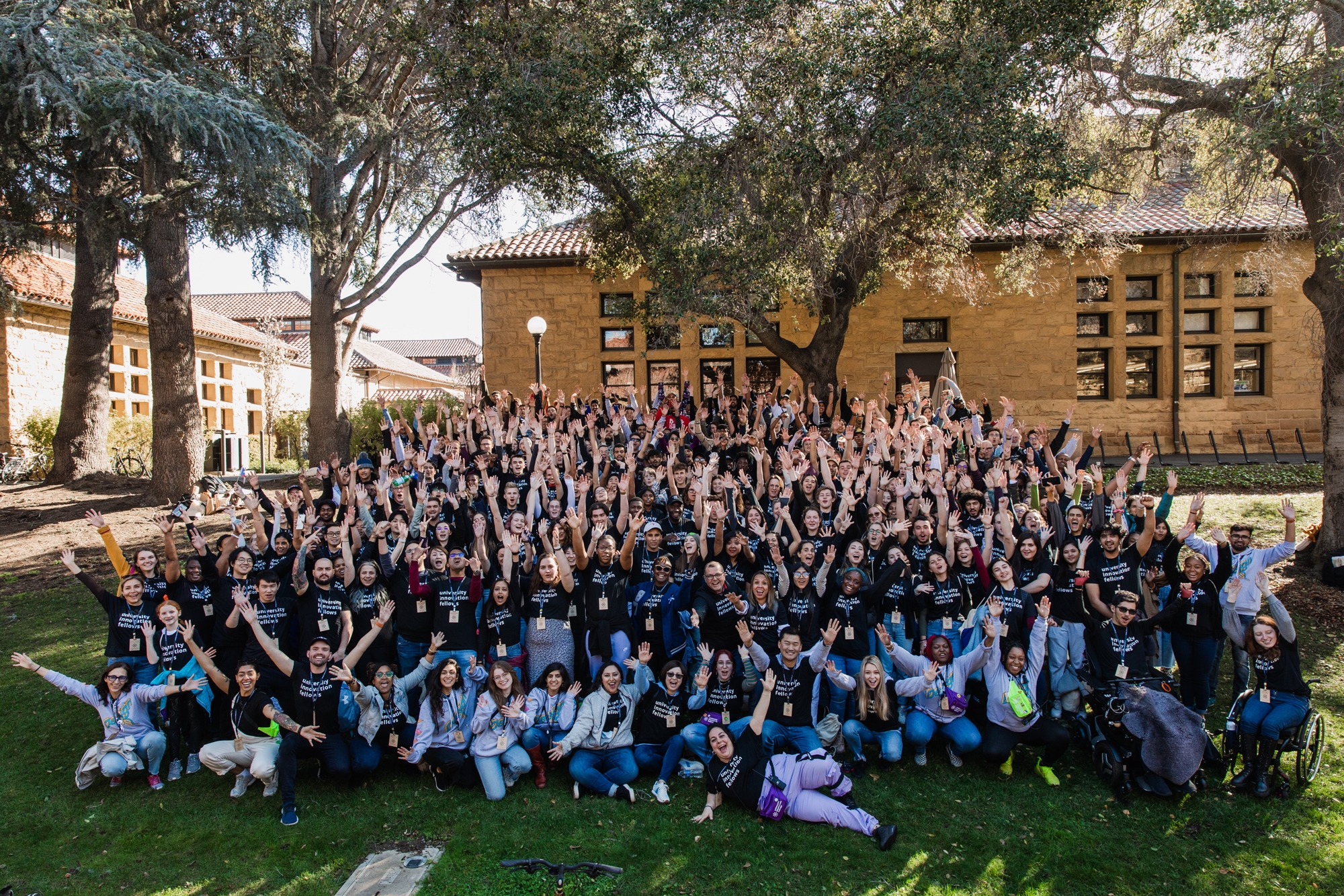 All University Innovation Fellows gathered for a group photo at Stanford University